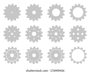 Set of 12 isolated machine wheel gears in different styles