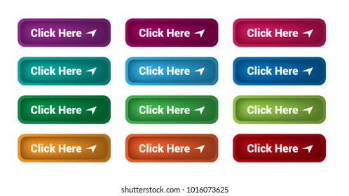 Set of 12 isolated web buttons with rounded corners, colorful and text Click Here