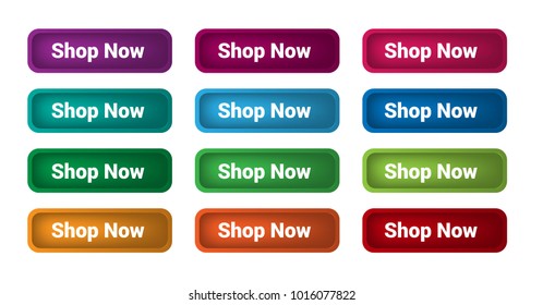 Set of 12 isolated web buttons with rounded corners, colorful and text Shop Now