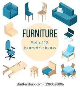 Set of 12 isometric 3D icons with pieces of furniture, such as sofa, armchair, sunbed, swivel chair, stool, etc.