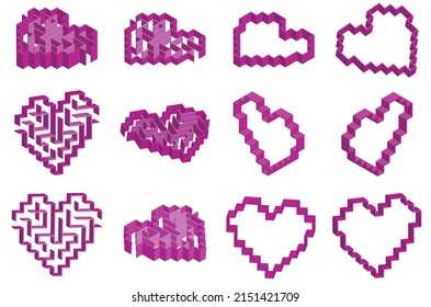 Satz von 12 isometrischen Herzen. Die Hälfte davon mit einem einfachen Labyrinth innen. Vektor 3d moderne rosa rechteckige Symbole der Liebe einzeln auf weißem Hintergrund. Nützlich für Spieldesign.