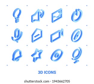 Set of 12 isometric icons. 3D light bulb, speaker, picture, off switch, microphone, house, camera, compass, bell,star, eye and globe. Vector illustration isolated on white background