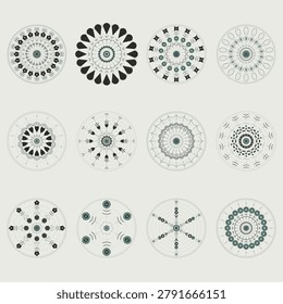 Set of 12 Japanese Pattern Mandalas Celadon Grey