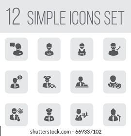 Set Of 12 Job Icons Set.Collection Of Tray, Working, Scholarly And Other Elements.