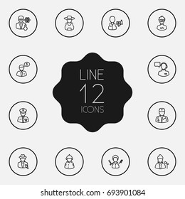 Set Of 12 Job Outline Icons Set.Collection Of Singer, Programmer, Operator And Other Elements.