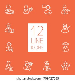 Set Of 12 Job Outline Icons Set.Collection Of Artist, Reporter, Policeman And Other Elements.