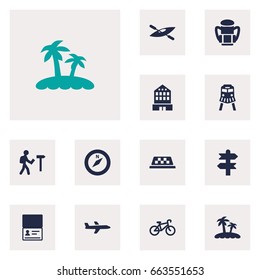 Set Of 12 Journey Icons Set.Collection Of Tram, Canoe, Direction And Other Elements.