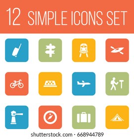 Set Of 12 Journey Icons Set.Collection Of Baggage, Canoe, Traveler And Other Elements.
