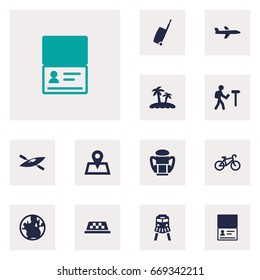 Set Of 12 Journey Icons Set.Collection Of Location, Aircraft, Cab And Other Elements.