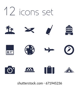 Set Of 12 Journey Icons Set.Collection Of Baggage, Aircraft, Canoe And Other Elements.