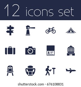 Set Of 12 Journey Icons Set.Collection Of Suitcase, Photo Apparatus, Bike And Other Elements.