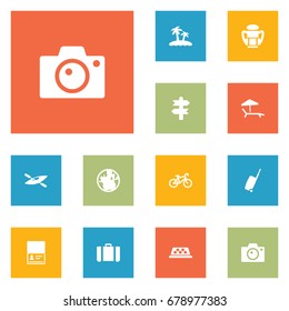 Set Of 12 Journey Icons Set.Collection Of Photo Apparatus, Canoe, Cab And Other Elements.