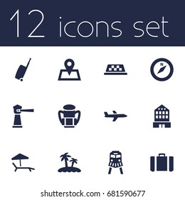 Set Of 12 Journey Icons Set.Collection Of Tram, Rucksack, Aircraft And Other Elements.