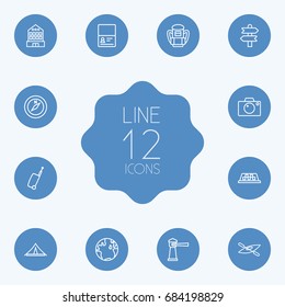 Set Of 12 Journey Outline Icons Set.Collection Of Compass, Building, Boat And Other Elements.