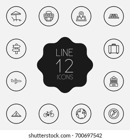 Set Of 12 Journey Outline Icons Set.Collection Of Bike, Pin, Suitcase And Other Elements.