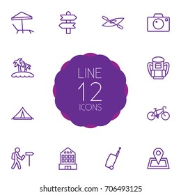 Set Of 12 Journey Outline Icons Set.Collection Of Bag, Parasol, Palm And Other Elements.