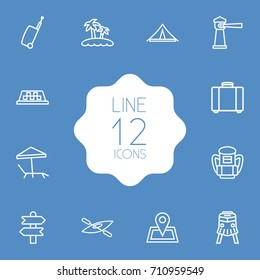 Set Of 12 Journey Outline Icons Set.Collection Of Awning, Suitcase, Palm And Other Elements.