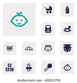 Set Of 12 Kid Icons Set.Collection Of Equine, Nappy, Girl And Other Elements.