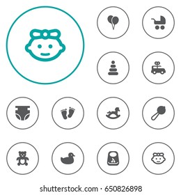 Set Of 12 Kid Icons Set.Collection Of Equine, Air Balloon, Girl And Other Elements.