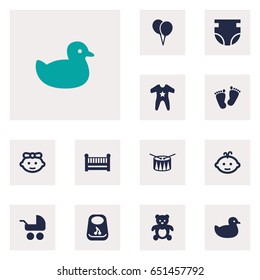 Set Of 12 Kid Icons Set.Collection Of Baby, Breastplate, Air Balloon And Other Elements.