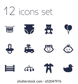 Set Of 12 Kid Icons Set.Collection Of Girl, Air Balloon, Teat And Other Elements.