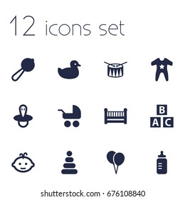 Set Of 12 Kid Icons Set.Collection Of Toy, Cot, Maraca And Other Elements.