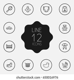 Set Of 12 Kid Outline Icons Set.Collection Of Rubber, Bib, Smock And Other Elements.