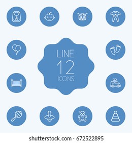 Set Of 12 Kid Outline Icons Set.Collection Of Teddy, Footprints, Crib And Other Elements.