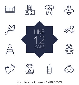 Set Of 12 Kid Outline Icons Set.Collection Of Pyramid, Crib, Teddy And Other Elements.