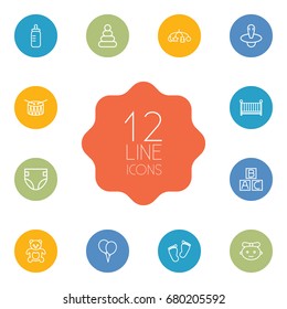 Set Of 12 Kid Outline Icons Set.Collection Of Baby, Toys, Balloon And Other Elements.