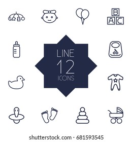 Set Of 12 Kid Outline Icons Set.Collection Of Smock, Alphabet Cubes, Toys And Other Elements.