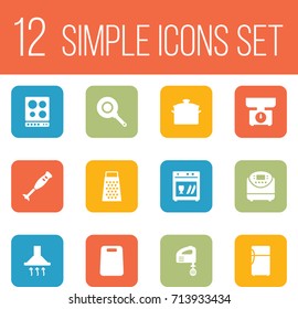 Set Of 12 Kitchen Icons Set. Collection Of Washing Machine, Cooking, Cutting And Other Elements.