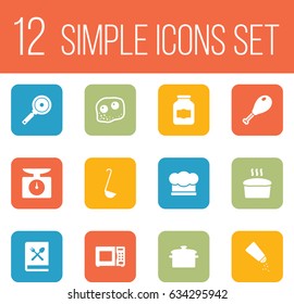 Set Of 12 Kitchen Icons Set.Collection Of Eggs, Loaf, Chef Cap And Other Elements.
