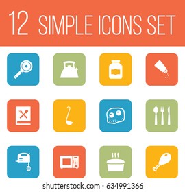 Set Of 12 Kitchen Icons Set.Collection Of Jar, Cooking Instruction, Scoop And Other Elements.
