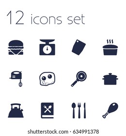 Set Of 12 Kitchen Icons Set.Collection Of Eggs, Teapot, Loaf And Other Elements.