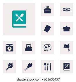 Set Of 12 Kitchen Icons Set.Collection Of Eggs, Silverware, Non-Stick And Other Elements.