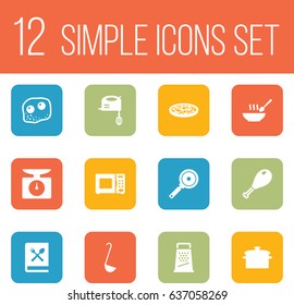 Set Of 12 Kitchen Icons Set.Collection Of Broth, Weighing Machine, Non-Stick And Other Elements.