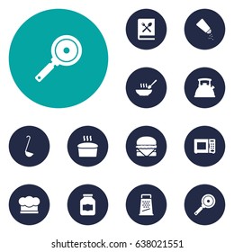 Set Of 12 Kitchen Icons Set.Collection Of Jar, Teapot, Electronic Oven And Other Elements.