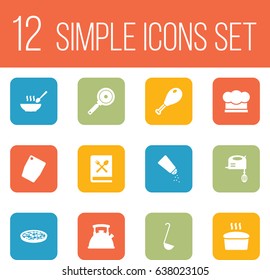 Set Of 12 Kitchen Icons Set.Collection Of Blender, Poultry Foot, Teapot And Other Elements.