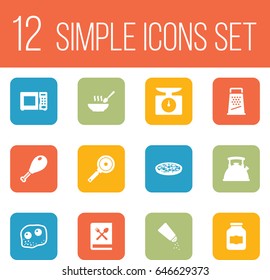Set Of 12 Kitchen Icons Set.Collection Of Teapot, Jar, Non-Stick And Other Elements.