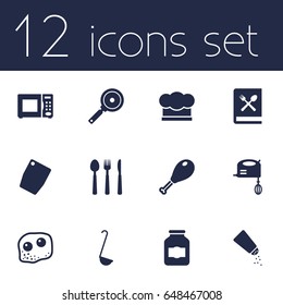 Set Of 12 Kitchen Icons Set.Collection Of Electronic Oven, Scoop, Saltshaker And Other Elements.