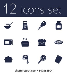 Set Of 12 Kitchen Icons Set.Collection Of Blender, Poultry Foot, Cutting Surface And Other Elements.