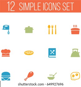 Set Of 12 Kitchen Icons Set.Collection Of Teapot, Saucepan, Pepperoni And Other Elements.