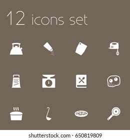 Set Of 12 Kitchen Icons Set.Collection Of Non-Stick, Blender, Weighing Machine And Other Elements.