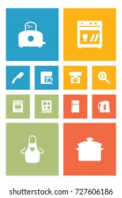 Set Of 12 Kitchen Icons Set.Collection Of Refrigerator, Cooker, Kitchen Ax And Other Elements.
