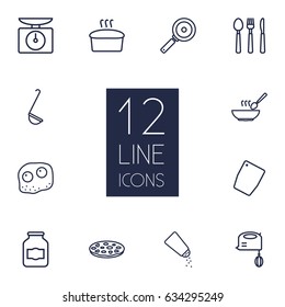 Set Of 12 Kitchen Outline Icons Set.Collection Of Bread, Scales, Chopping Board And Other Elements.