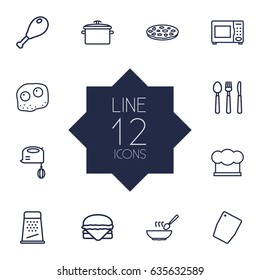 Set Of 12 Kitchen Outline Icons Set.Collection Of Chicken Leg, Chopping Board, Microwave And Other Elements.