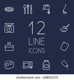 Set Of 12 Kitchen Outline Icons Set.Collection Of Scales, Omelette, Cutlery And Other Elements.