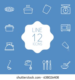 Set Of 12 Kitchen Outline Icons Set.Collection Of Microwave, Cutlery, Scales And Other Elements.