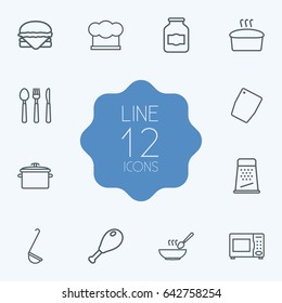 Set Of 12 Kitchen Outline Icons Set.Collection Of Jug, Chicken Leg, Grater And Other Elements.